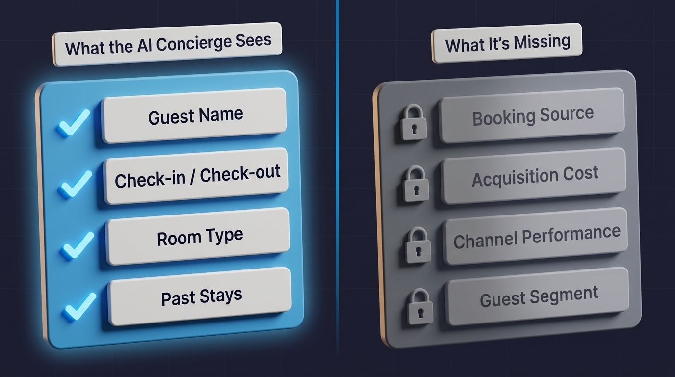 Diagram showing the gap between PMS data available to a hotel AI concierge and the distribution intelligence data it cannot access.