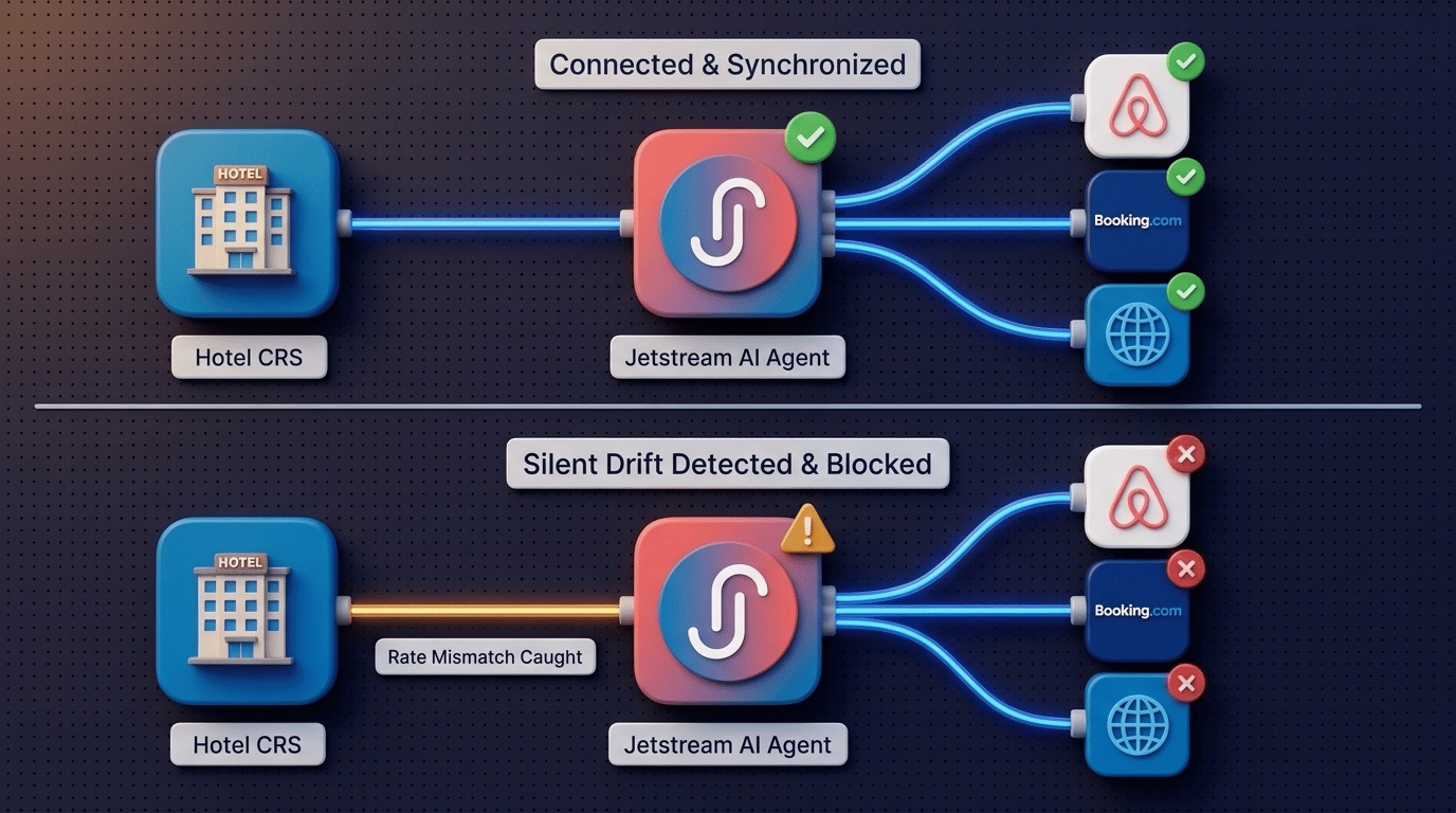 How a distribution intelligence agent detects a channel sync error before it reaches the guest