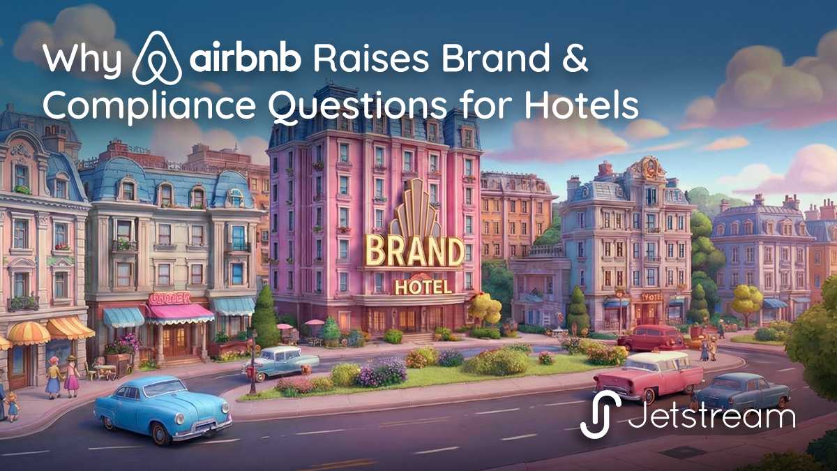 Illustration of a branded hotel surrounded by residential buildings, representing brand and compliance challenges for hotels listing on Airbnb.