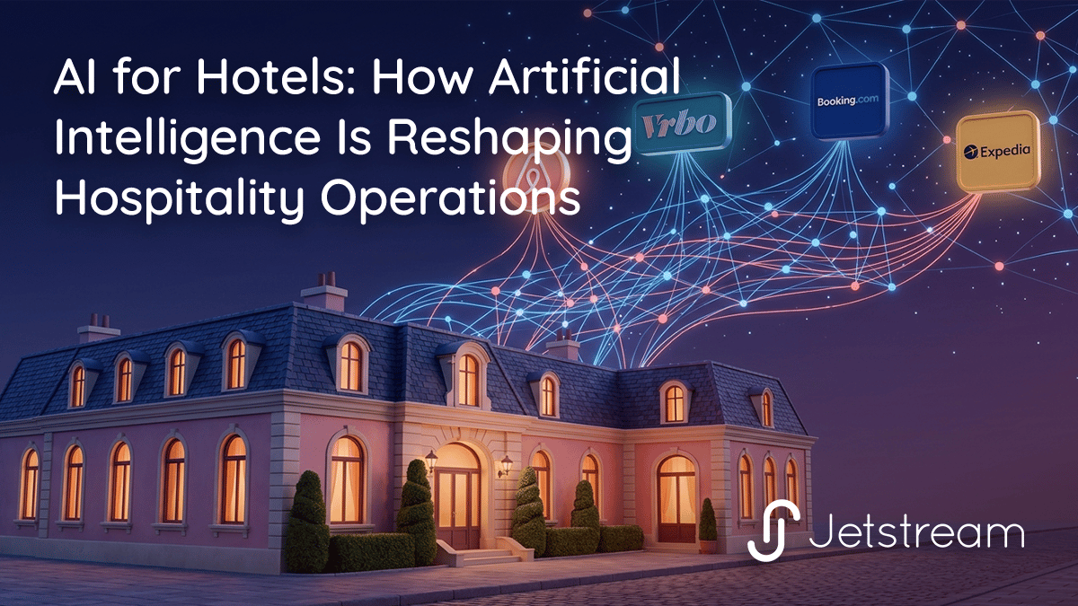Aerial view of a hotel property with AI-powered analytics overlays showing channel management dashboards, dynamic pricing, and guest communication intelligence.