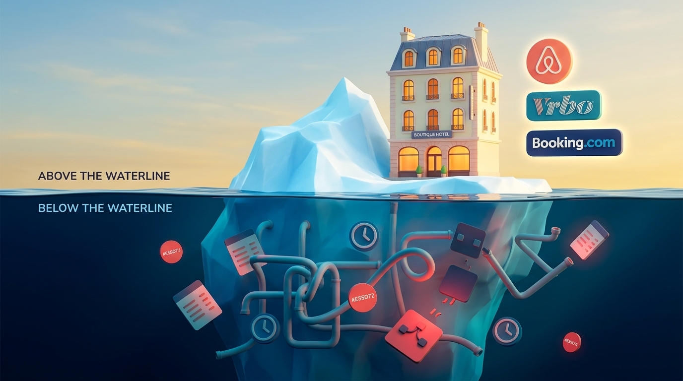 Iceberg metaphor for hotel distribution showing visible guest experience above and hidden channel management issues below.