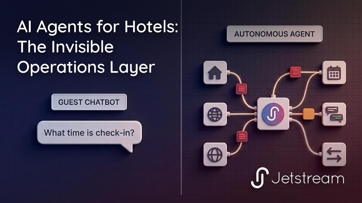 Diagram comparing a hotel chatbot with an autonomous AI agent resolving a distribution sync error