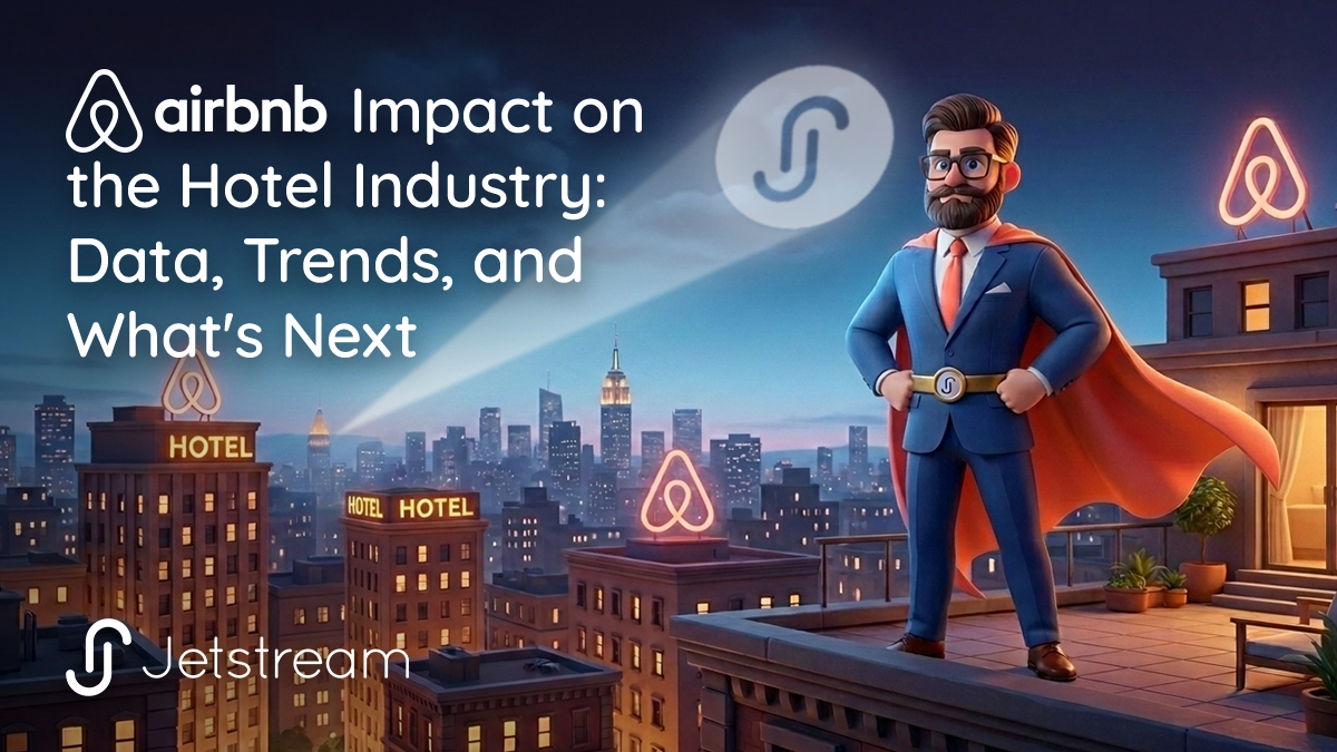 Illustration analyzing the airbnb impact on hotel industry showing a city skyline where hotels and Airbnb converge