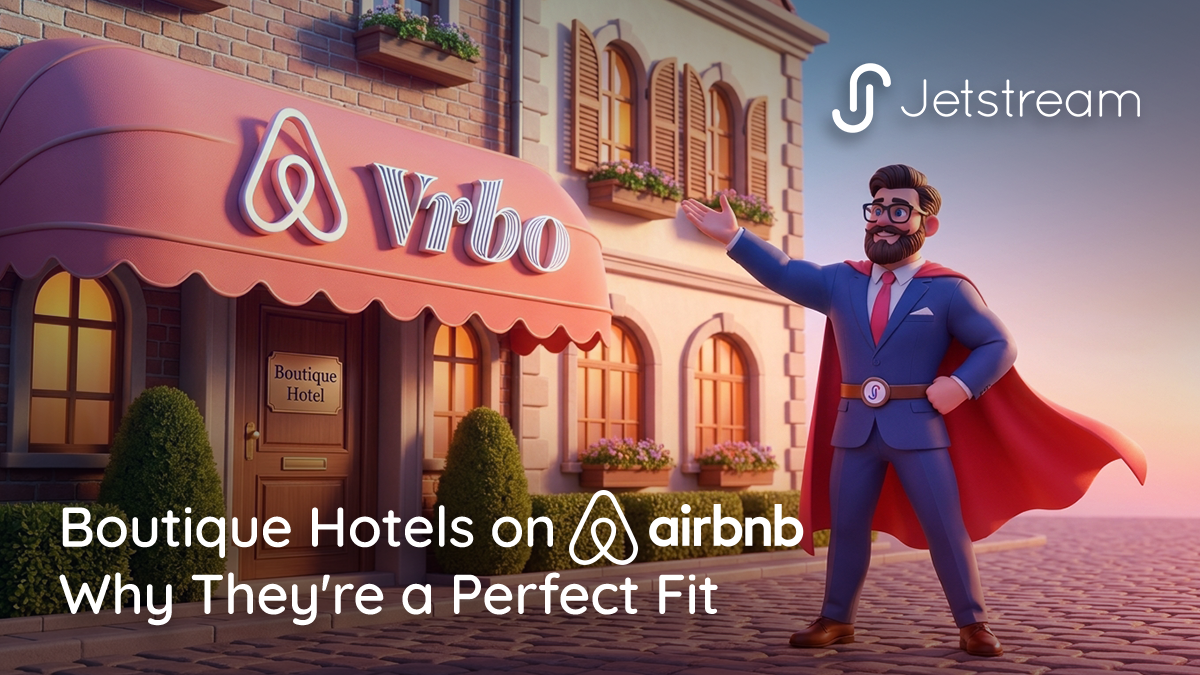 Boutique hotel Airbnb listing concept showing a charming independent hotel with Airbnb and VRBO platform logos