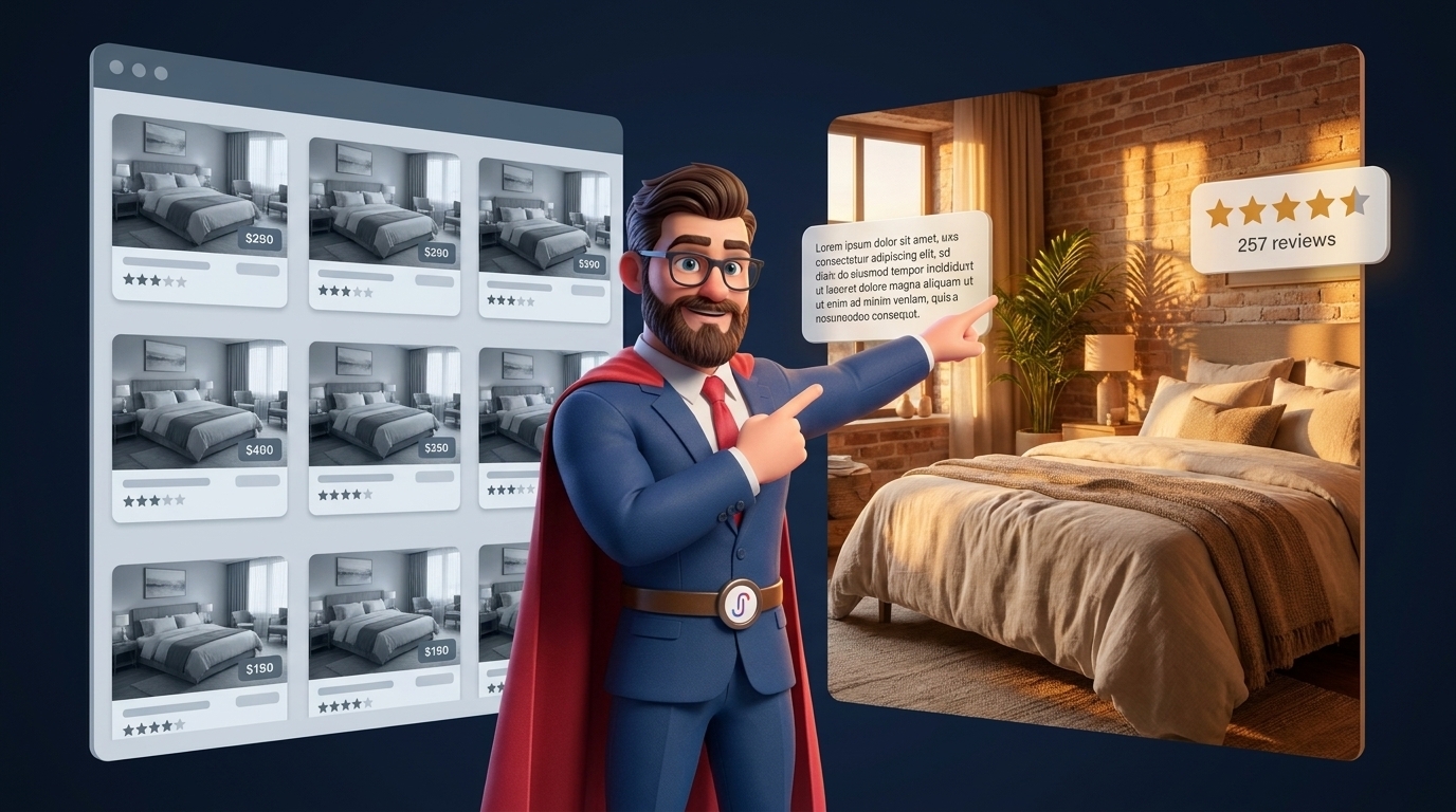 Comparison showing how boutique hotel listings appear differently on traditional OTAs versus Airbnb's storytelling format