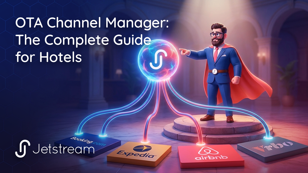 OTA channel manager concept showing hotel distribution technology connecting multiple booking platforms through a central hub