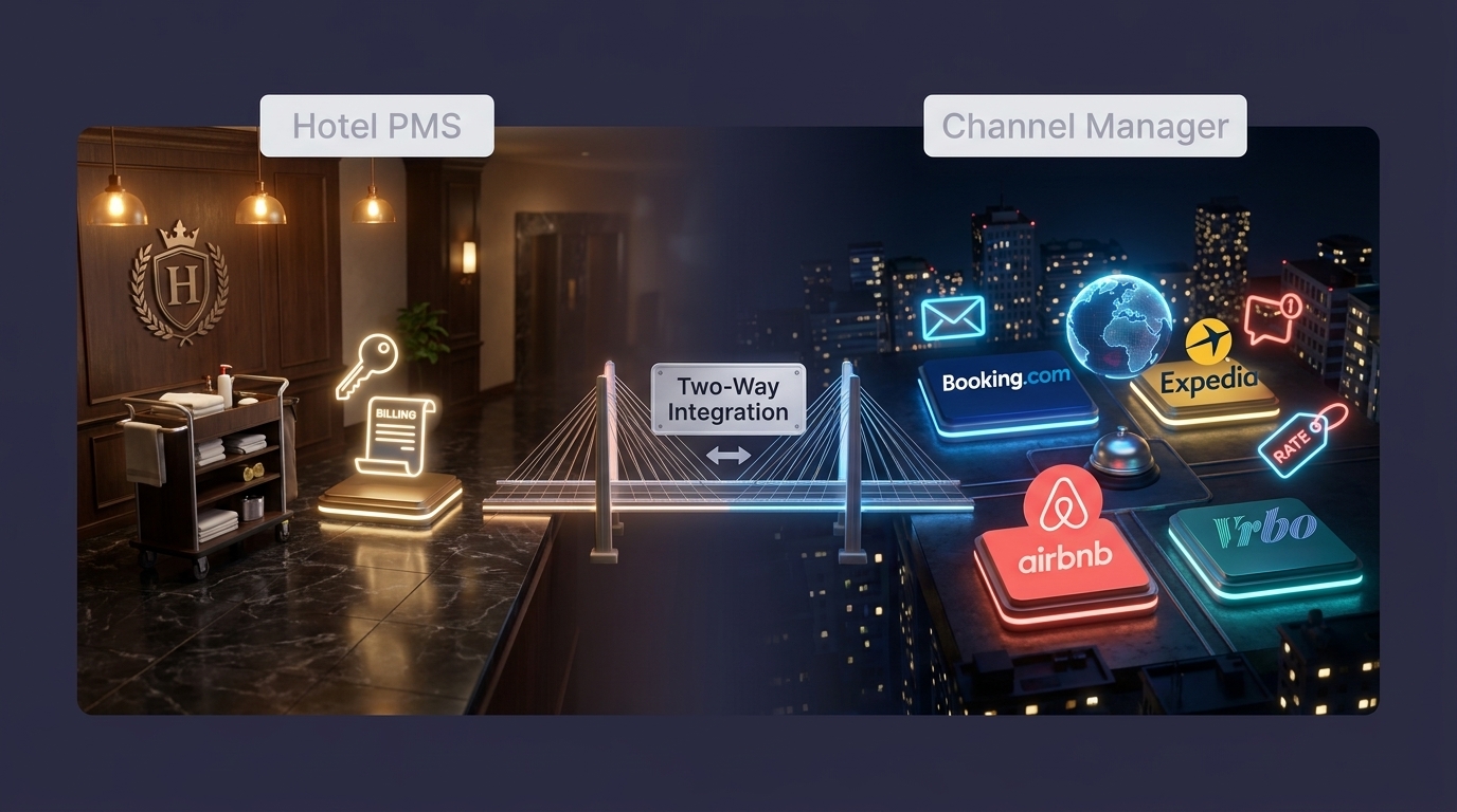Comparison showing the difference between a hotel PMS managing internal operations and a channel manager handling external OTA distribution