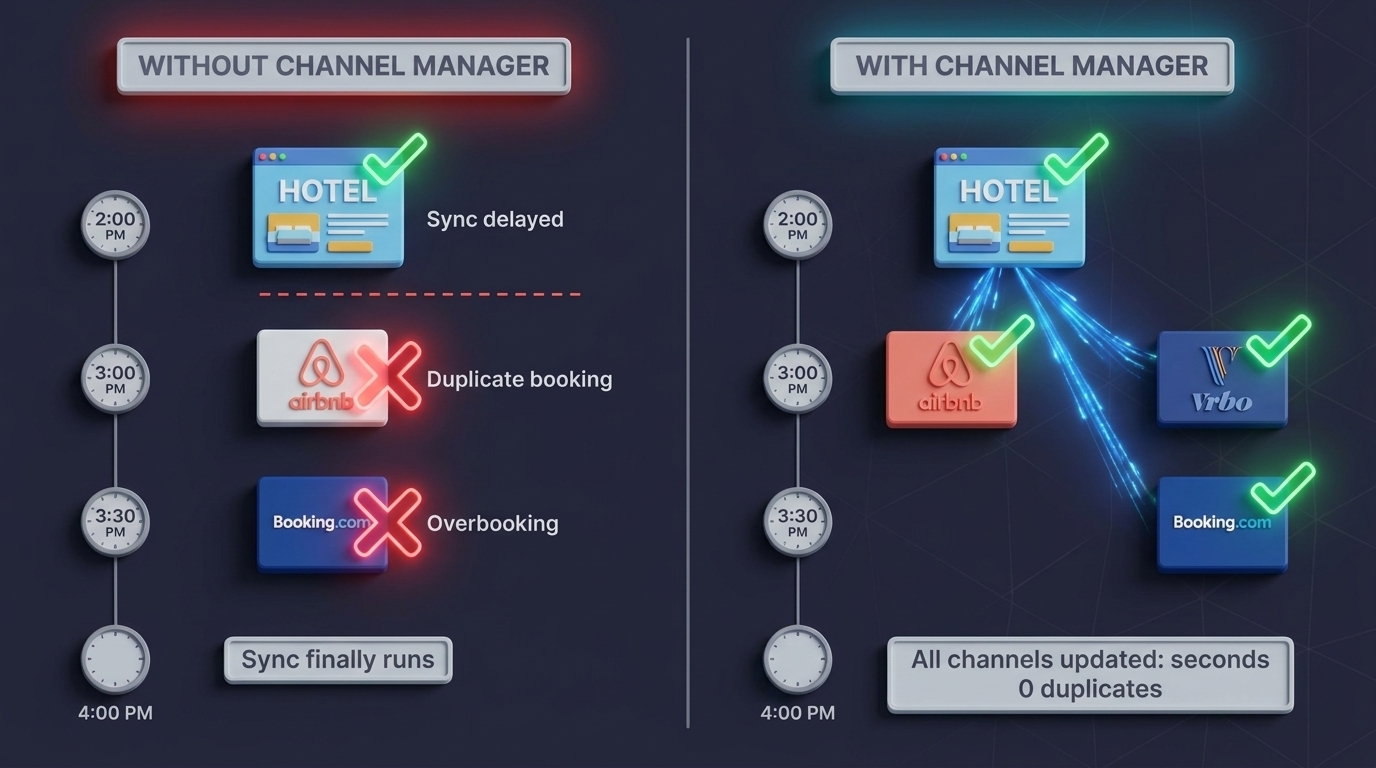 Comparison showing how a channel manager for hotel bookings prevents overbookings by instantly synchronizing room availability across multiple platforms