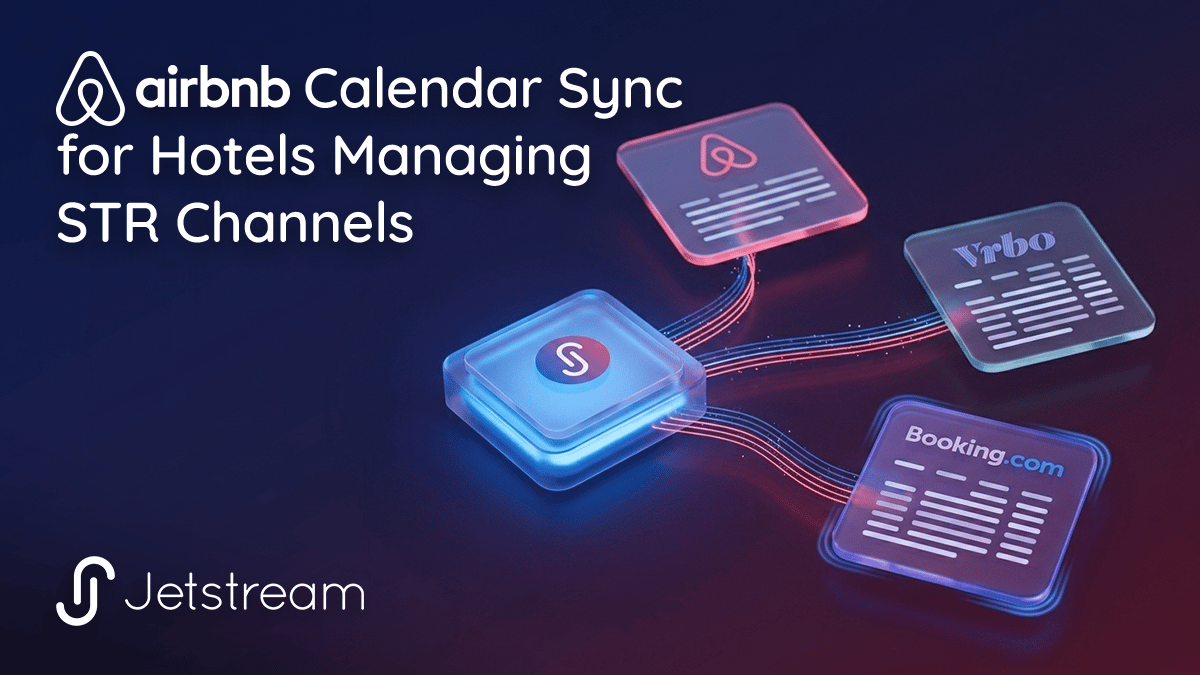 Diagram of Airbnb calendar sync where a hotel CRS feeds identical availability to Airbnb, VRBO, and Booking.com in real time