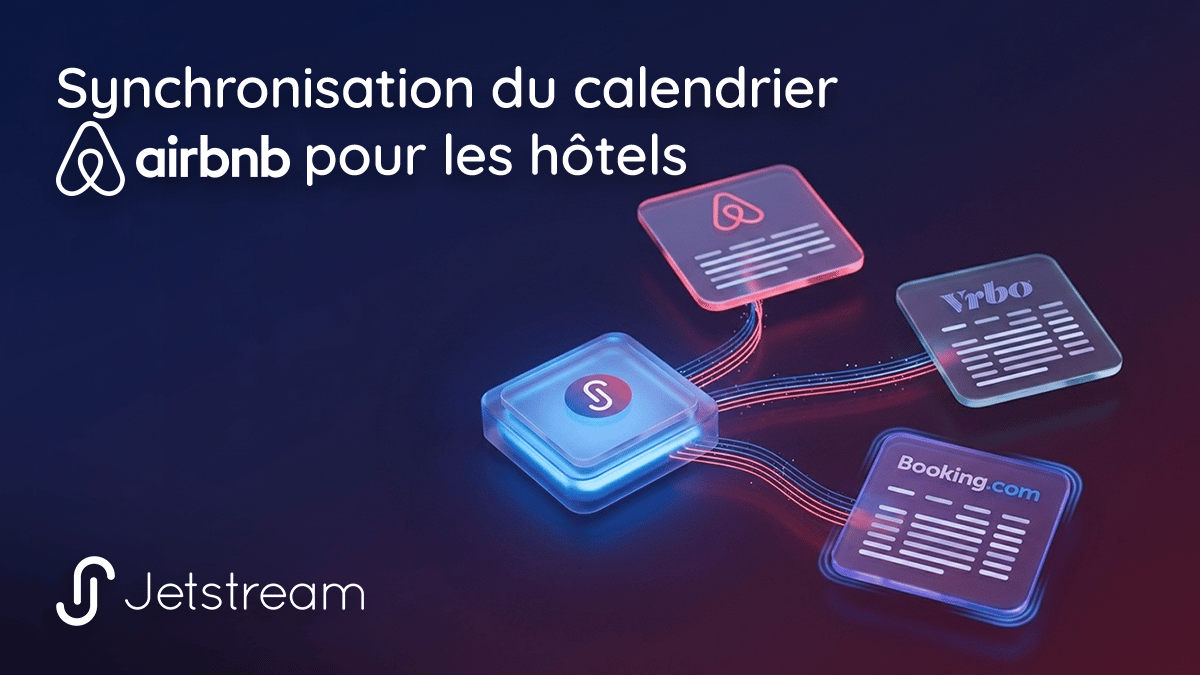 Schéma de synchronisation de calendrier Airbnb illustrant comment le CRS d'un hôtel transmet en temps réel des données de disponibilité identiques à Airbnb, VRBO et Booking.com