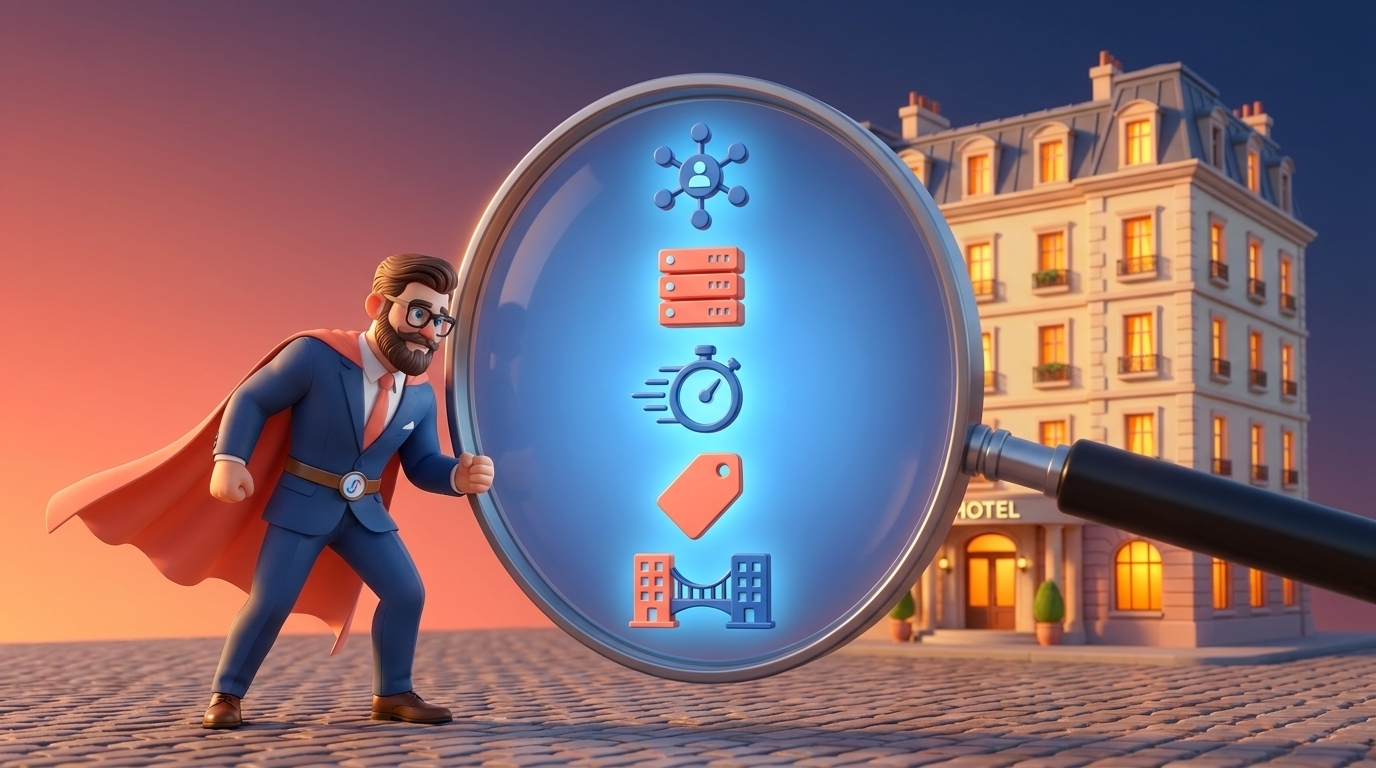 Illustration showing five key evaluation criteria for choosing a hotel channel manager including channel connections, PMS integration, sync speed, pricing, and STR translation capability
