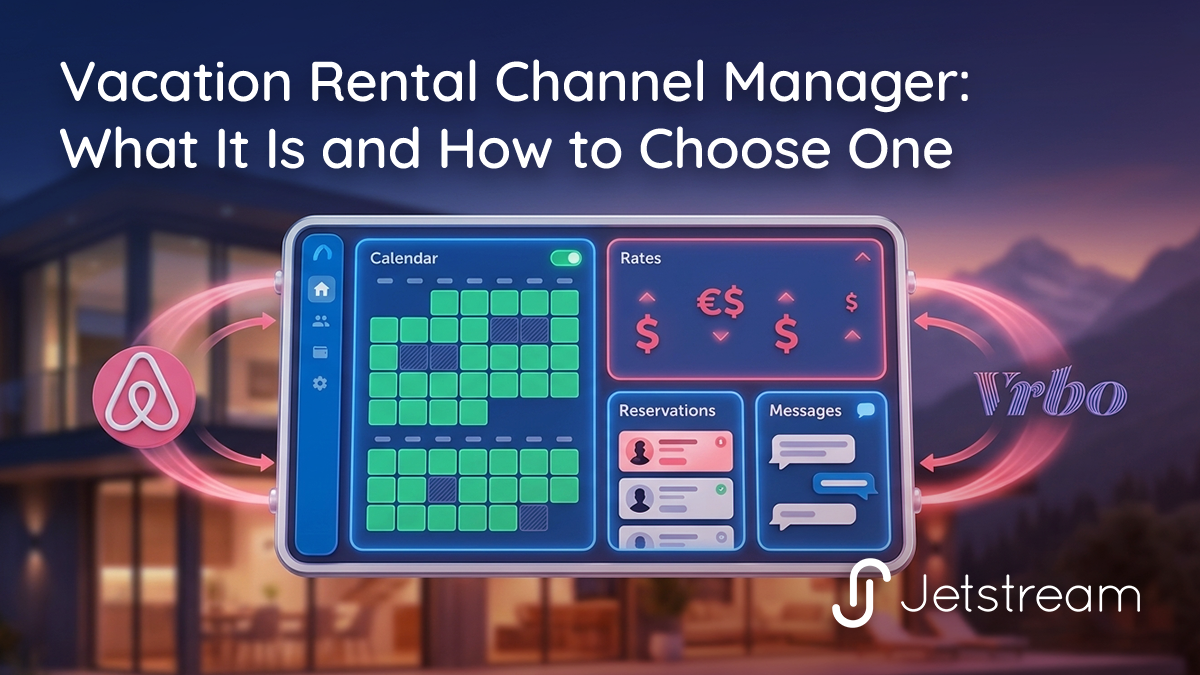 Vacation rental channel manager dashboard synchronizing calendar, rates, reservations, and messages with Airbnb and VRBO booking platforms in real time