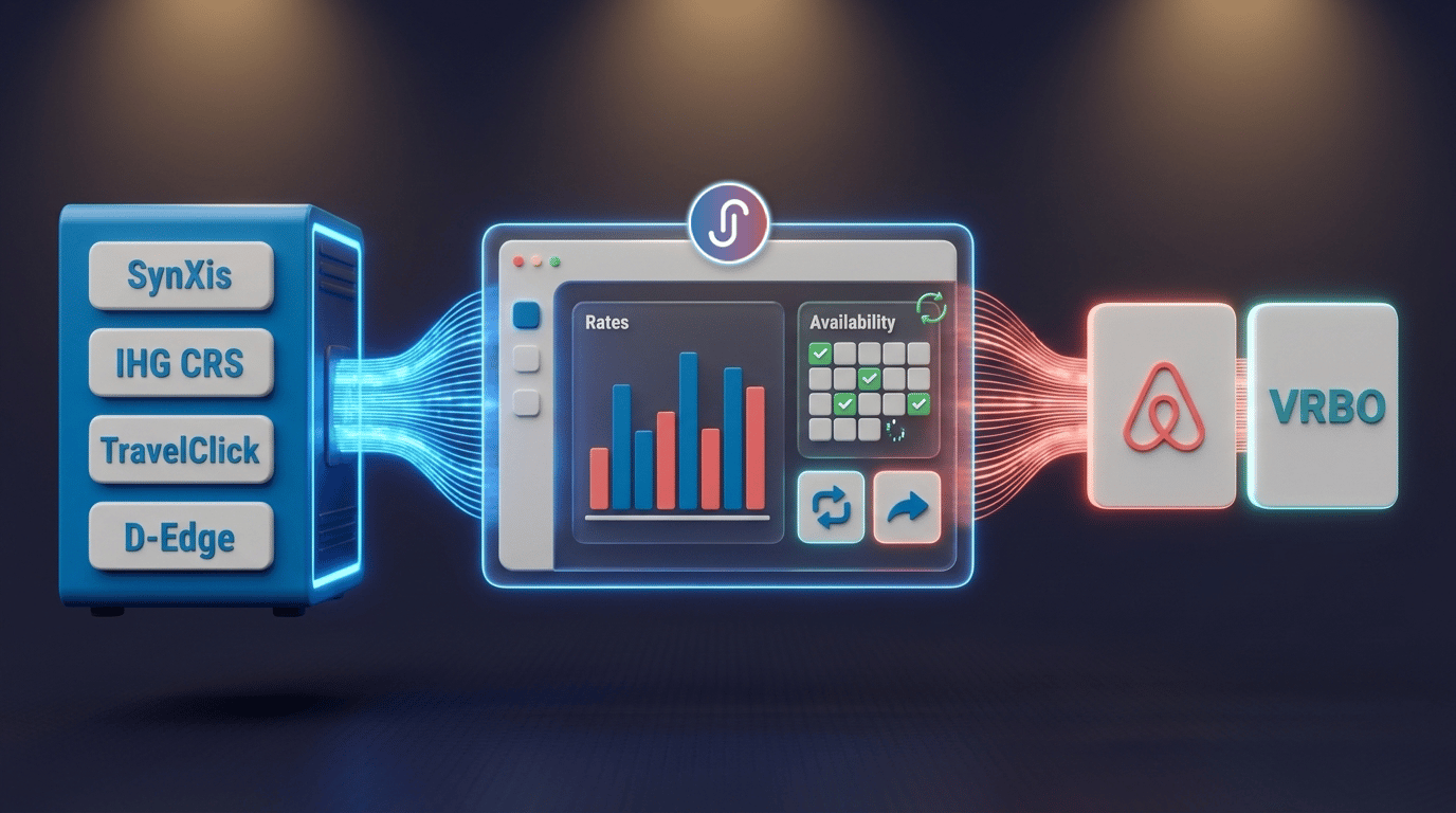 Illustration of a hotel channel manager connecting a PMS or CRS to Airbnb and VRBO for hotel distribution.