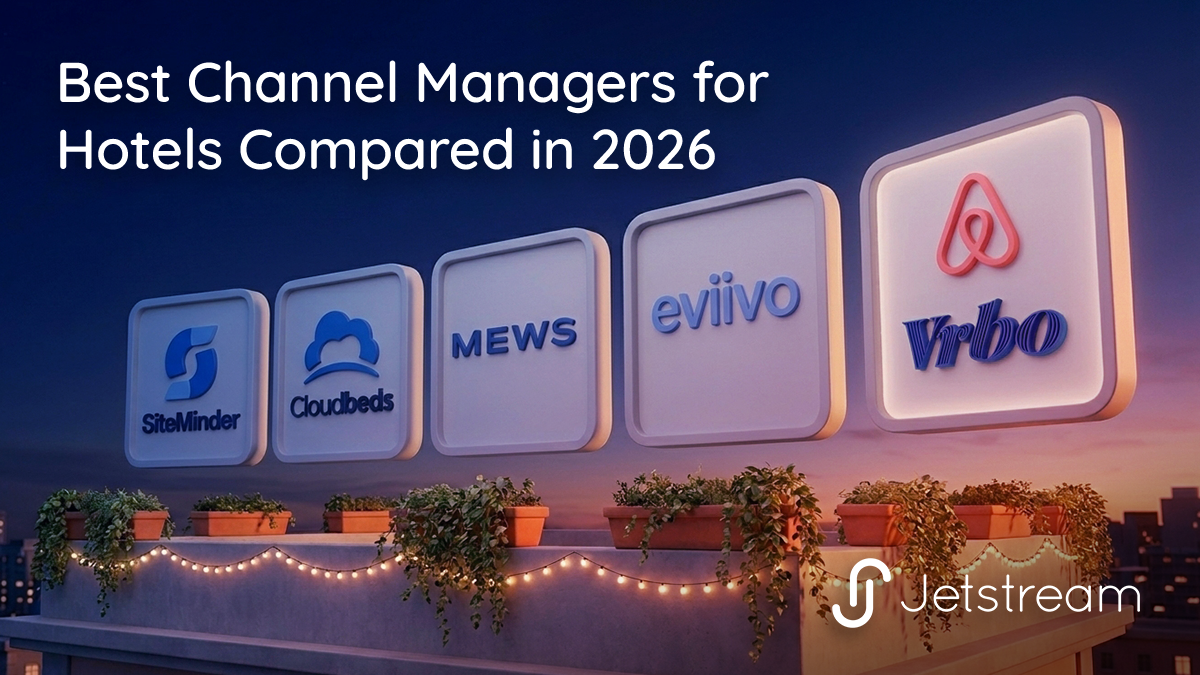 Best channel manager for hotel comparison illustration showing traditional OTA distribution versus STR-capable channel management with Airbnb and VRBO