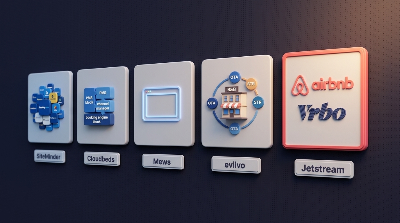 Comparison infographic of the best channel managers for hotels in 2026 including SiteMinder, Cloudbeds, Mews, eviivo, and Jetstream