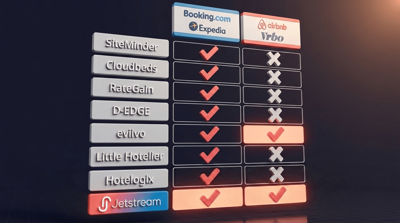 Comparison matrix showing hotel channel manager OTA and STR platform support levels across major vendors