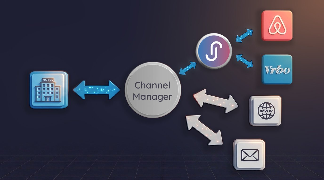 Hotel channel manager centralized distribution architecture connecting property to Airbnb, VRBO, and direct booking channels