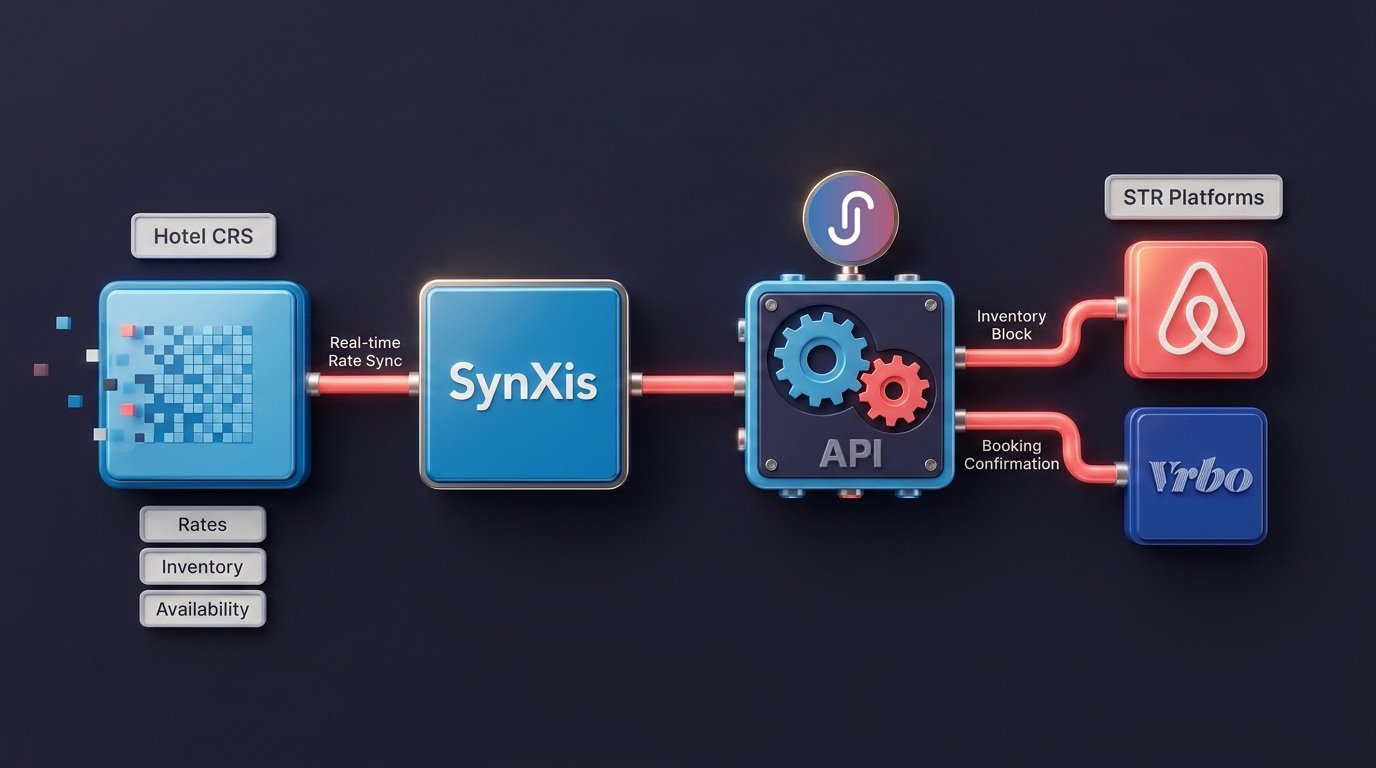 SynXis to Airbnb and Vrbo integration workflow diagram showing real-time rate synchronization and inventory blocking