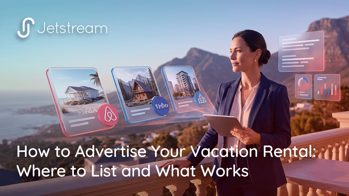 Presenting how to advertise vacation rentals across Airbnb and Vrbo with floating property listings.