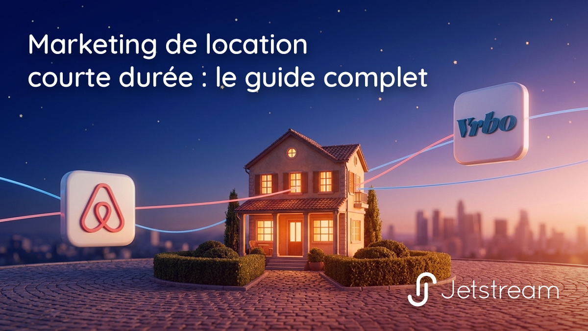 Diagramme de distribution marketing pour la location de courte durée montrant une propriété connectée à plusieurs canaux de réservation, dont Airbnb et Vrbo.