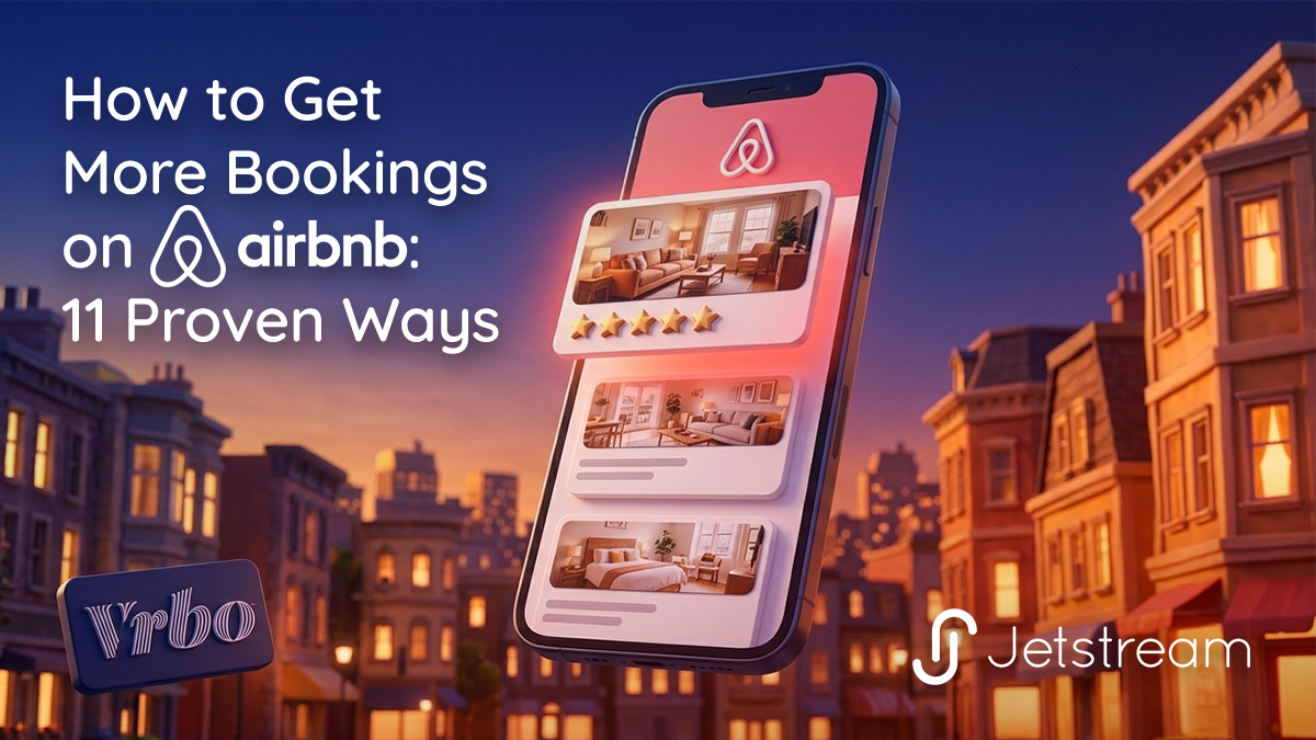 Phone screen showing how to get more bookings on Airbnb, top-ranked listing rising above others, Vrbo badge for multi-platform reach.