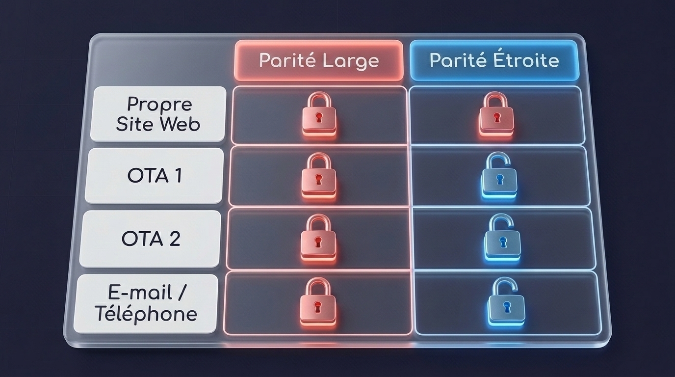 Comparaison entre la parité tarifaire large et la parité tarifaire étroite, indiquant quels canaux de distribution hôtelière sont restreints par chaque clause.