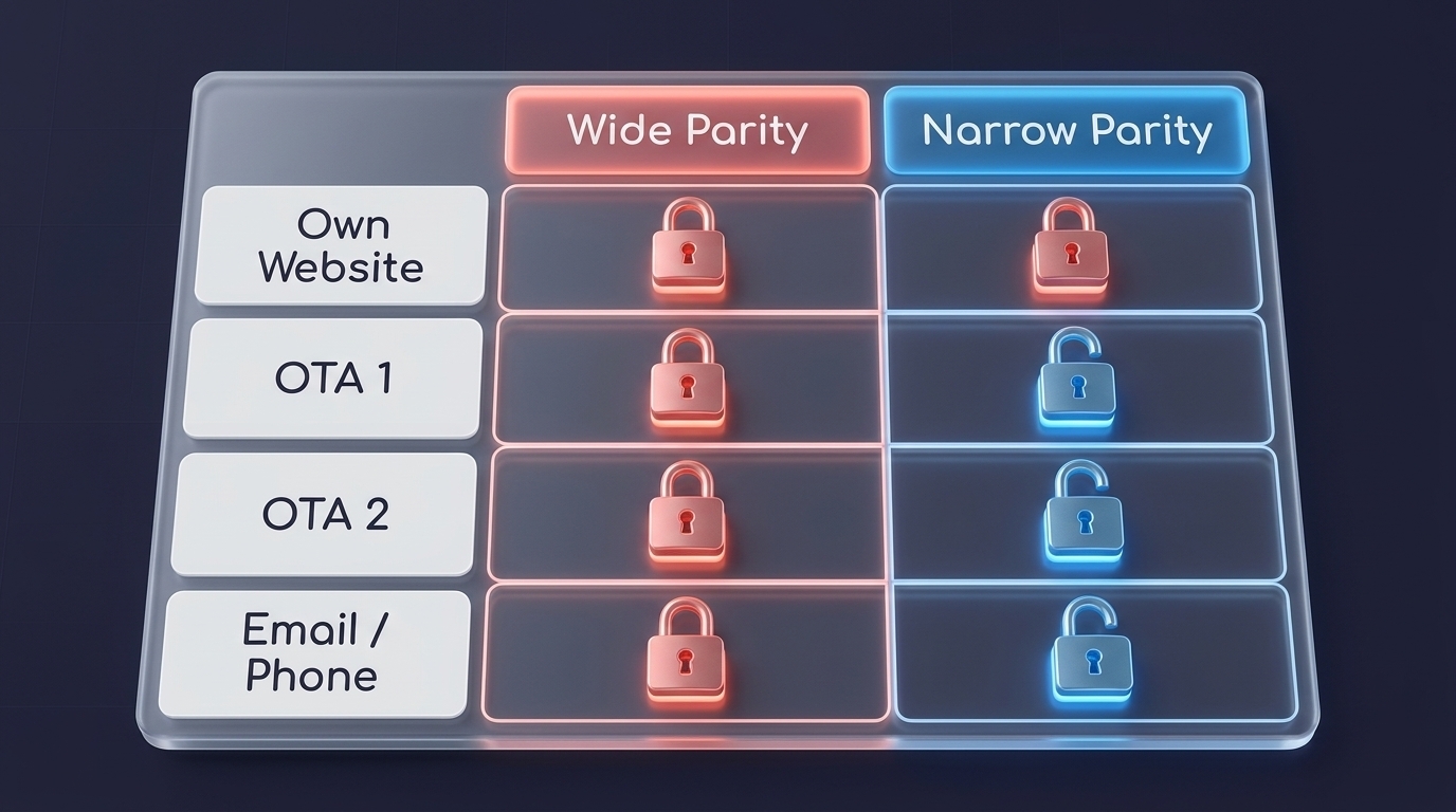 Comparison of wide rate parity and narrow rate parity showing which hotel channels each clause restricts