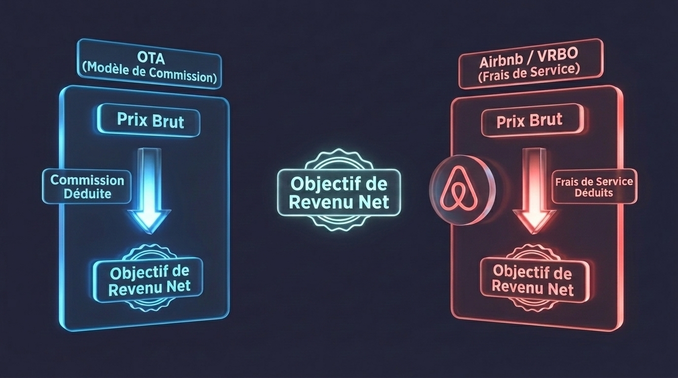 Diagramme illustrant un revenu net constant entre un canal OTA et un canal de location de courte durée (STR), malgré des prix affichés et des modèles de frais différents.