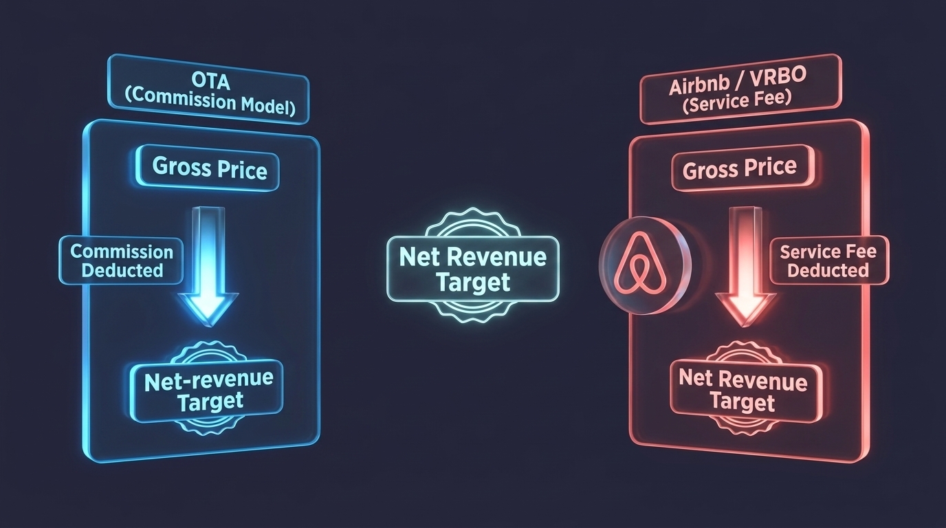 Diagram showing consistent net revenue across an OTA and an STR channel despite different headline prices and fee models