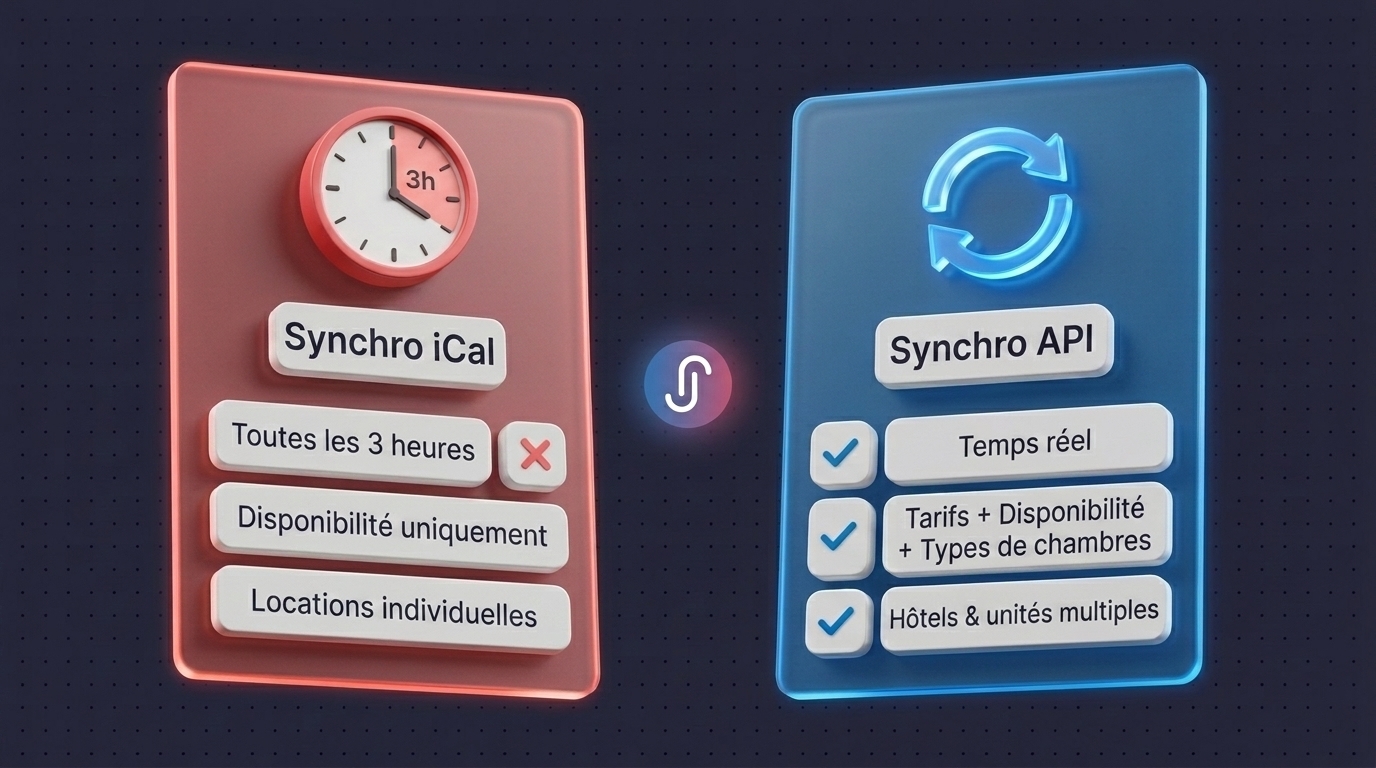Comparaison entre la synchronisation de calendrier via iCal et via l'API Airbnb, illustrant la vitesse de rafraîchissement et les données synchronisées par chaque méthode pour les hôtels.