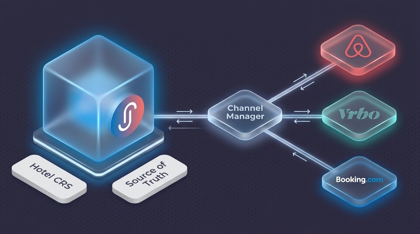 Hub and spoke diagram showing a hotel CRS as the single source of truth syncing Airbnb and Booking.com calendars through a channel manager