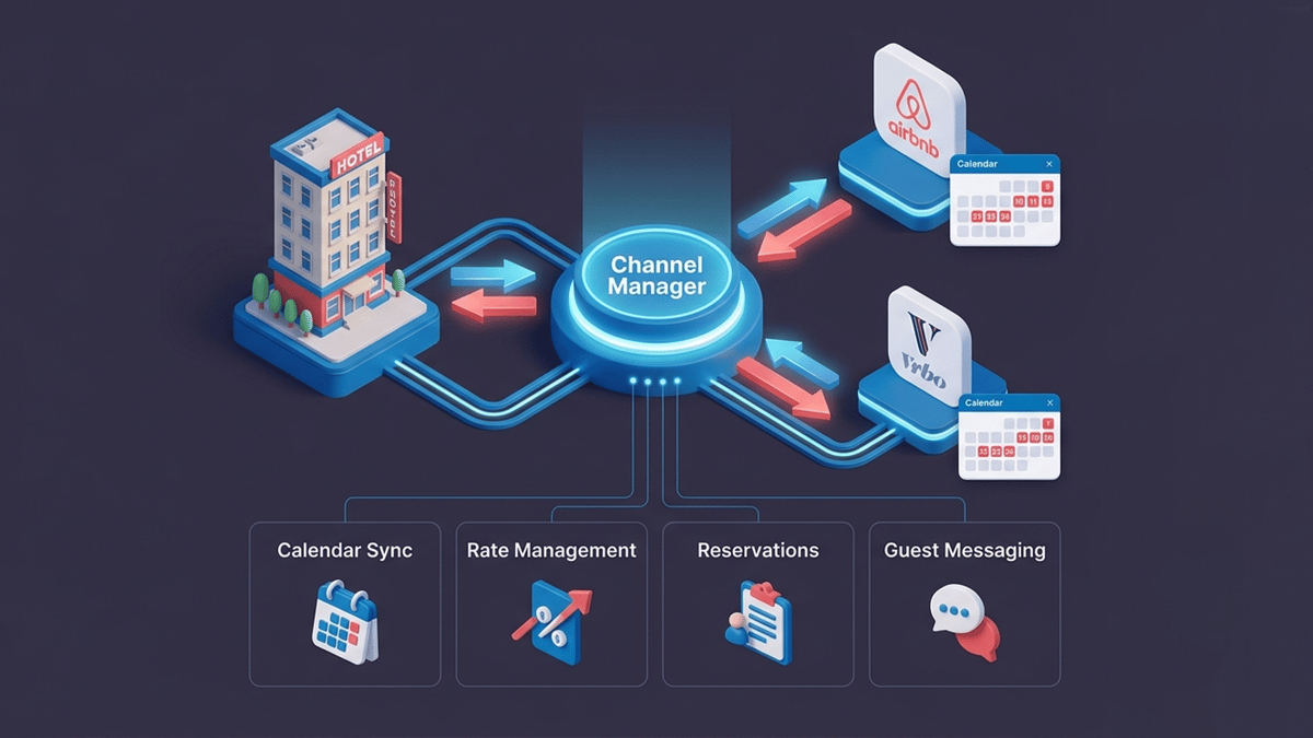 Diagram showing how a channel manager for vacation rentals synchronizes calendar availability, rates, and reservations across Airbnb and VRBO