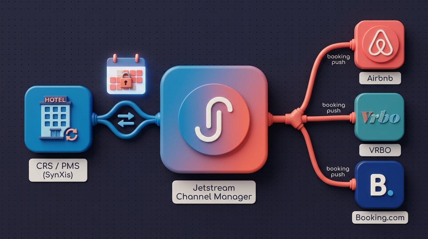 Channel manager architecture connecting a hotel CRS to Airbnb and VRBO with real-time two-way sync.