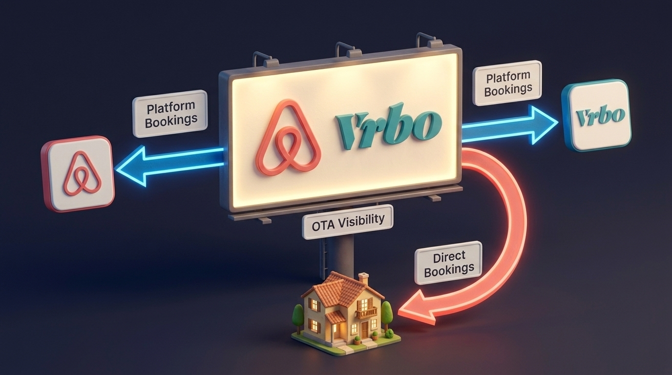 Diagram of the billboard effect in short term rental marketing, showing OTA visibility driving both platform and direct bookings.