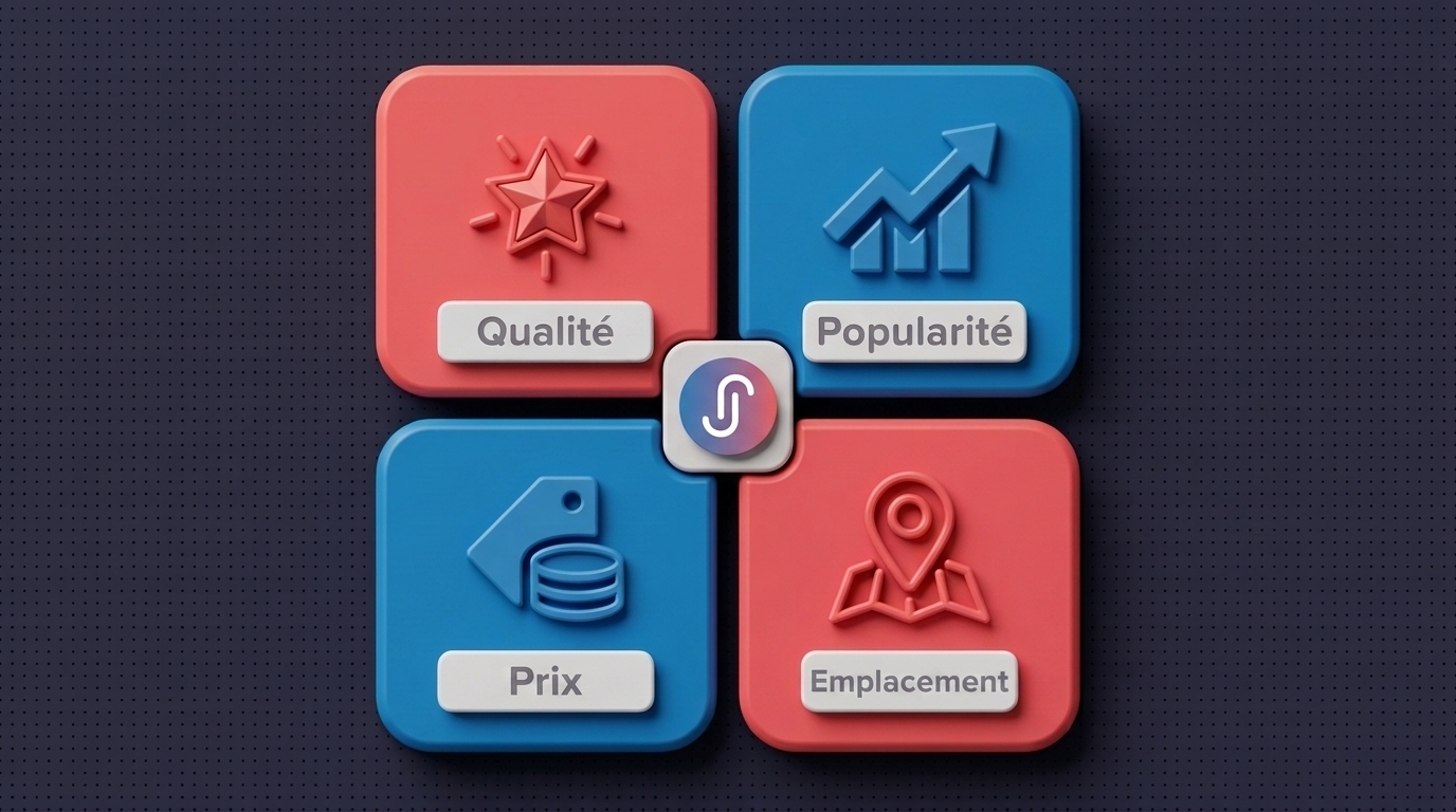 Infographie des quatre principaux facteurs de classement d'Airbnb&nbsp;: qualité, popularité, prix et emplacement.