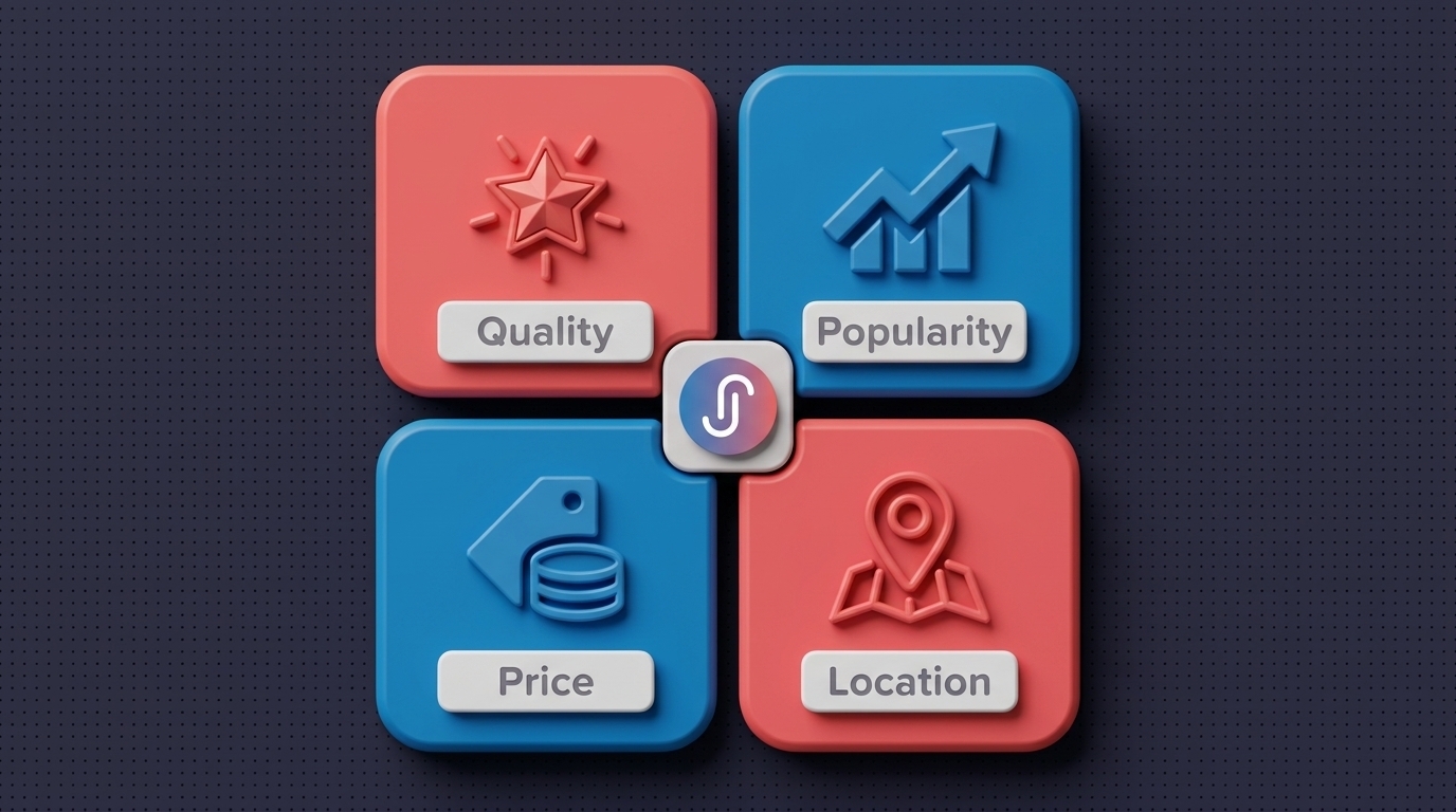 Infographic of the four main Airbnb ranking factors: quality, popularity, price, and location.