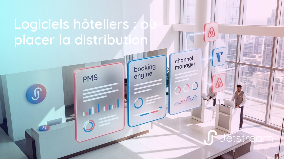 Les couches d'un stack de logiciels hôteliers, du PMS au channel manager, avec la distribution Airbnb à la façade