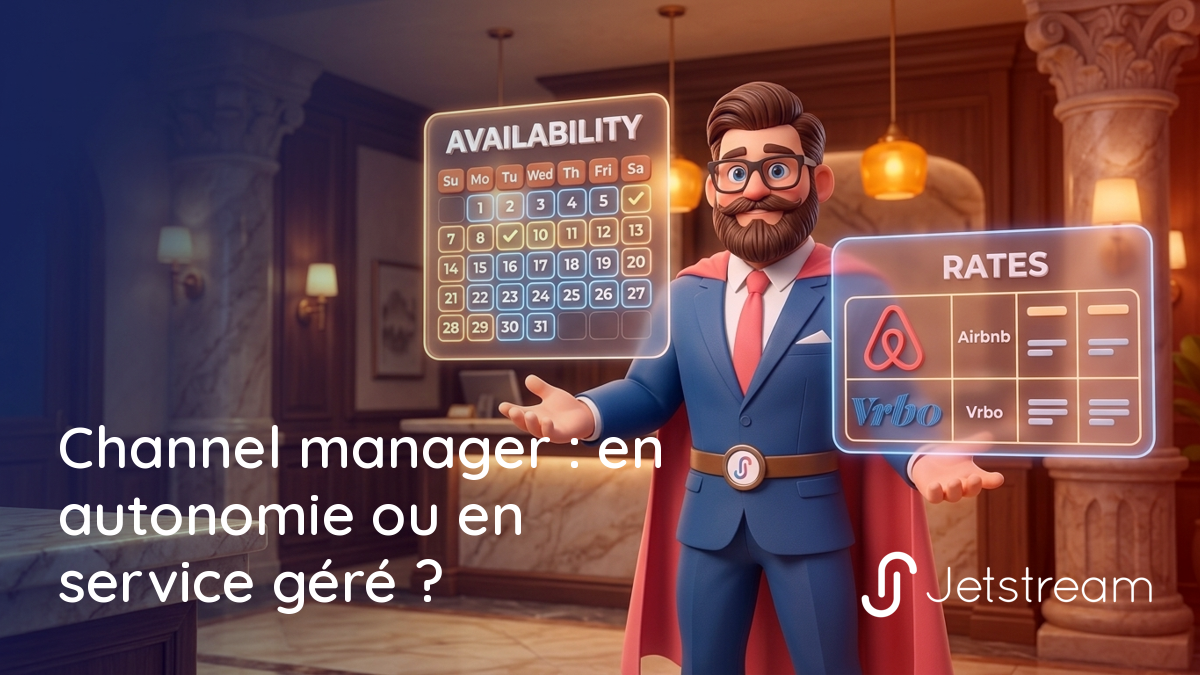 Gestion des canaux en autonomie ou en service géré : un hôtelier pilotant des panneaux de disponibilité et de tarifs pour Airbnb et Vrbo.