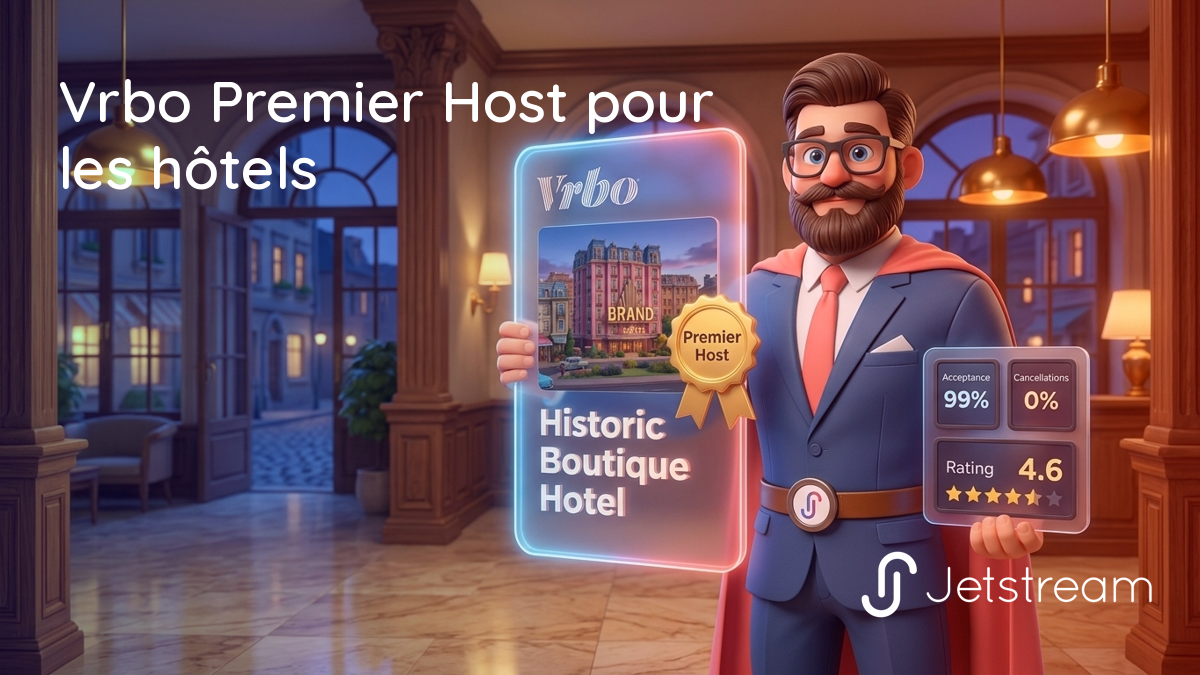 Badge Vrbo Premier Host sur l'annonce d'un hôtel avec un tableau de bord montrant le taux d'acceptation, le taux d'annulation et la note nécessaires pour se qualifier.