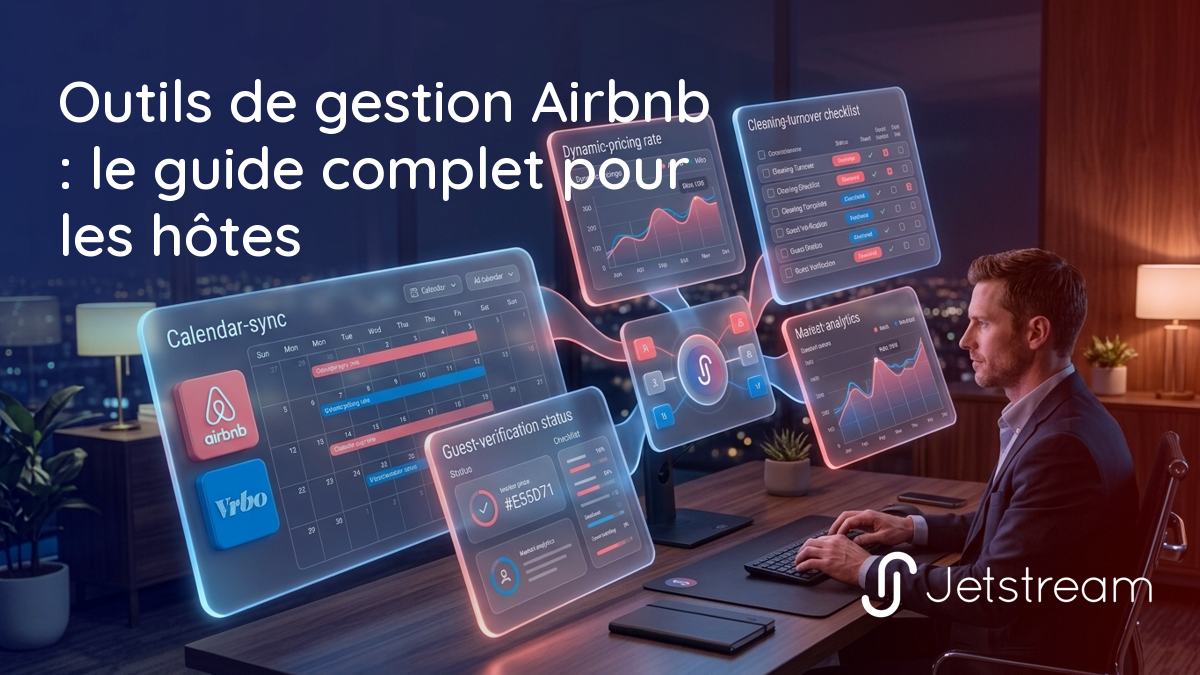 Les outils de gestion Airbnb présentés comme des panneaux flottants : synchronisation des canaux, tarification, ménage, filtrage et analyse