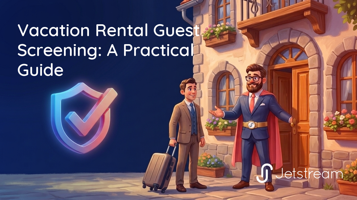 A property manager superhero welcomes a verified guest at a vacation rental, with a shield and checkmark symbolizing trusted guest screening