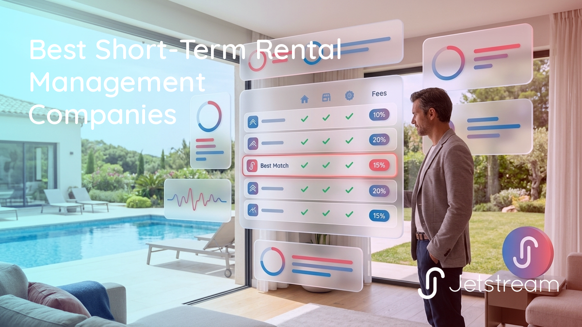 A short-term rental owner comparing the best short-term rental management companies by fees and services on a dashboard.