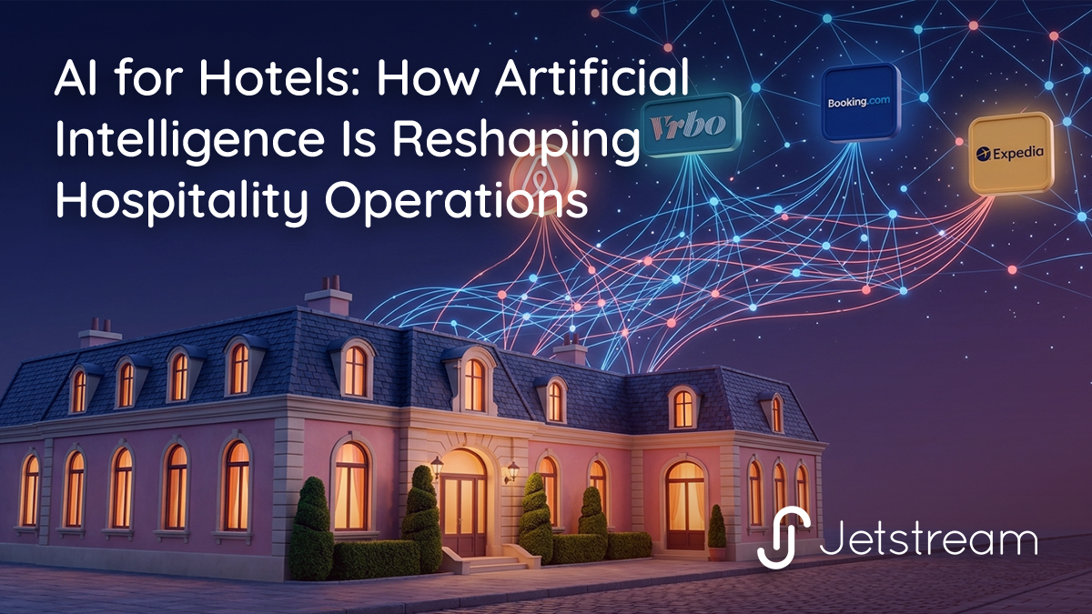 Aerial view of a hotel property with AI-powered analytics overlays showing channel management dashboards, dynamic pricing, and guest communication intelligence.