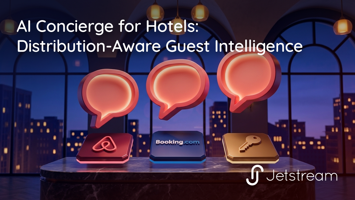 AI concierge for hotels depicted as a multilingual guest communication interface with distribution-aware booking source intelligence at a modern hotel desk.