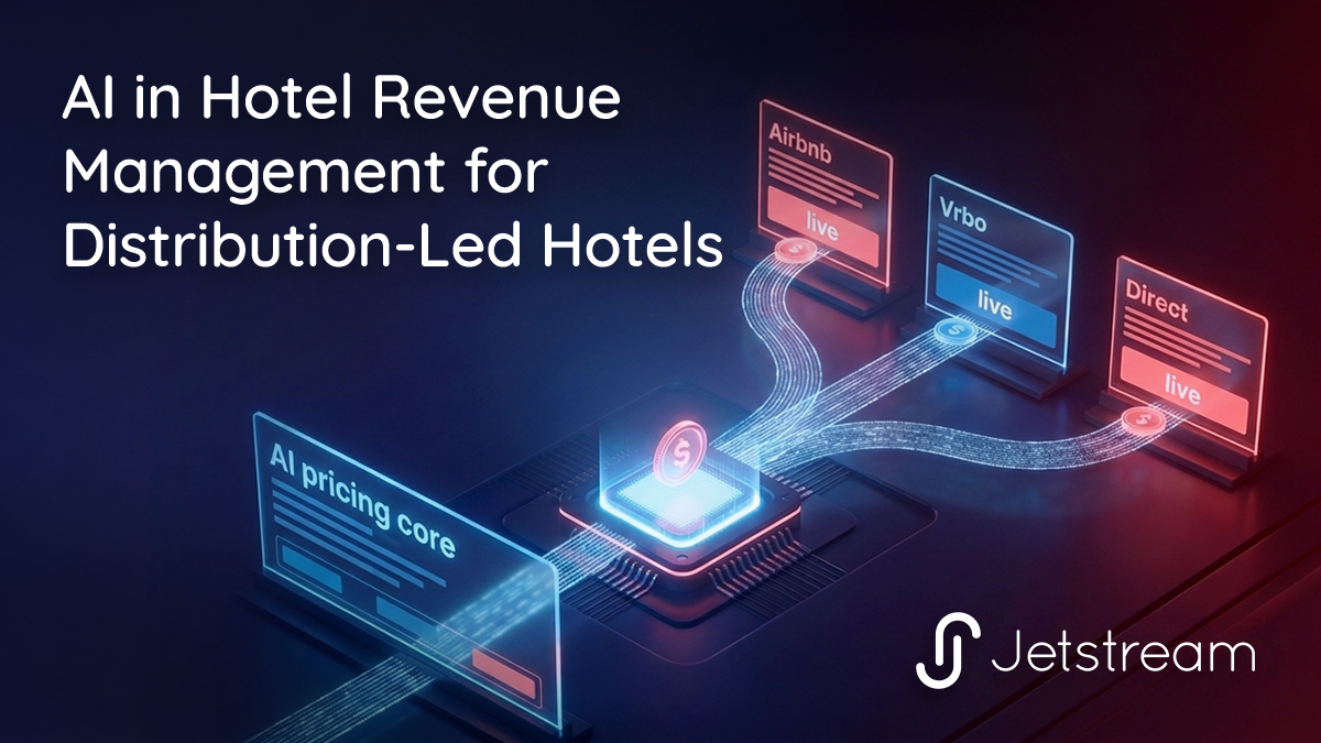 AI in hotel revenue management shown as an optimized price carried across distribution channels to reach demand