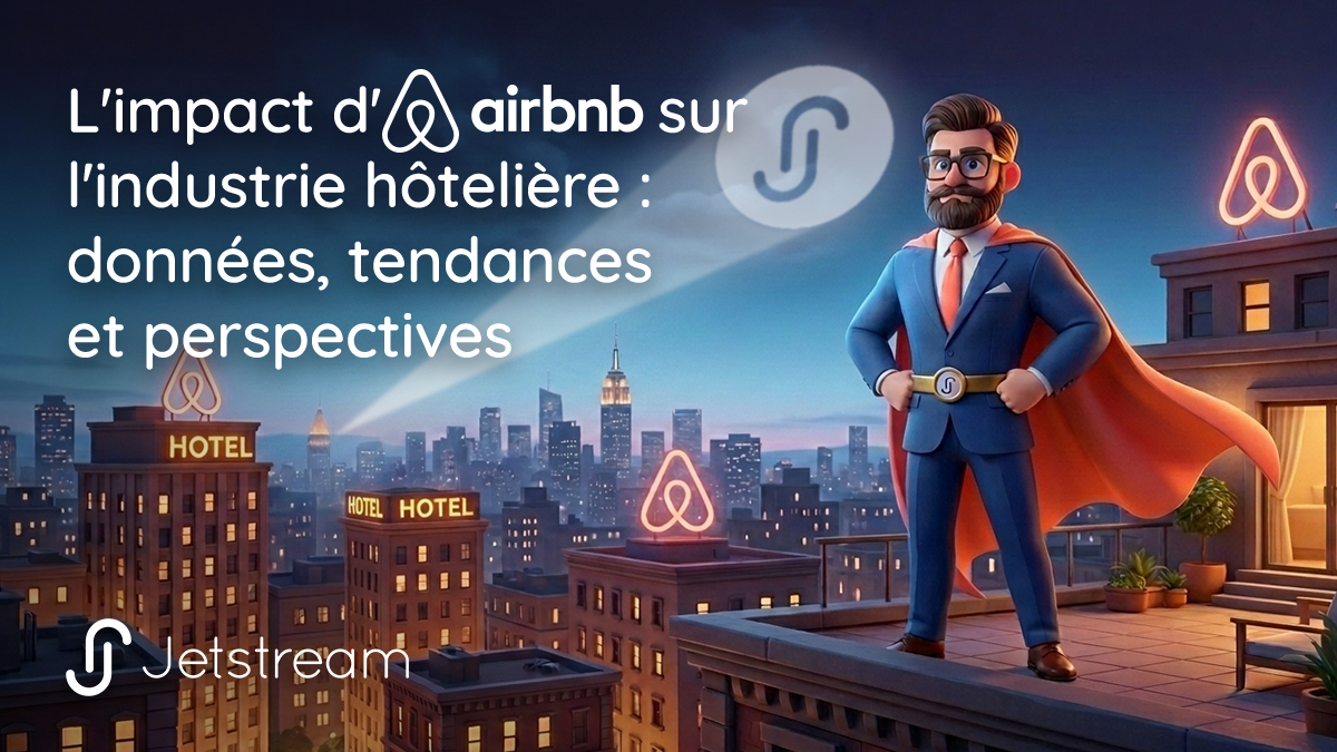 Illustration analysant l'impact d'Airbnb sur l'industrie hôtelière, montrant une silhouette urbaine où convergent hôtels et Airbnb.