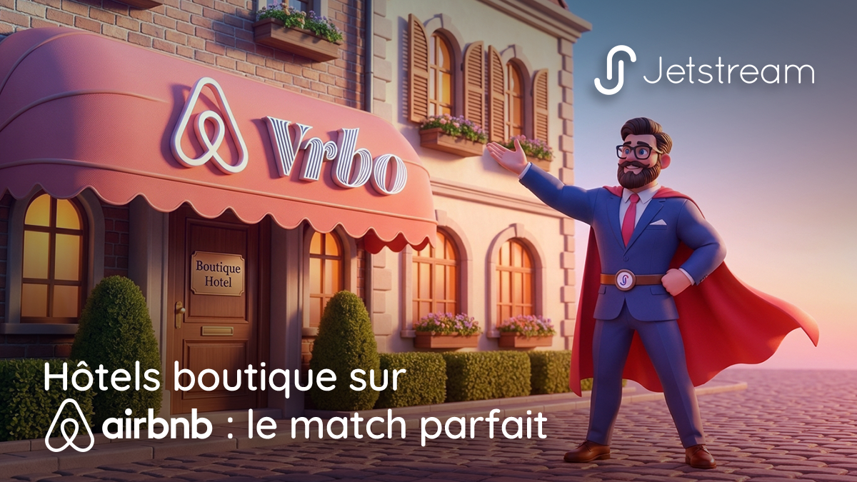 Concept d'annonce Airbnb pour un hôtel boutique présentant un charmant hôtel indépendant avec les logos des plateformes Airbnb et VRBO.