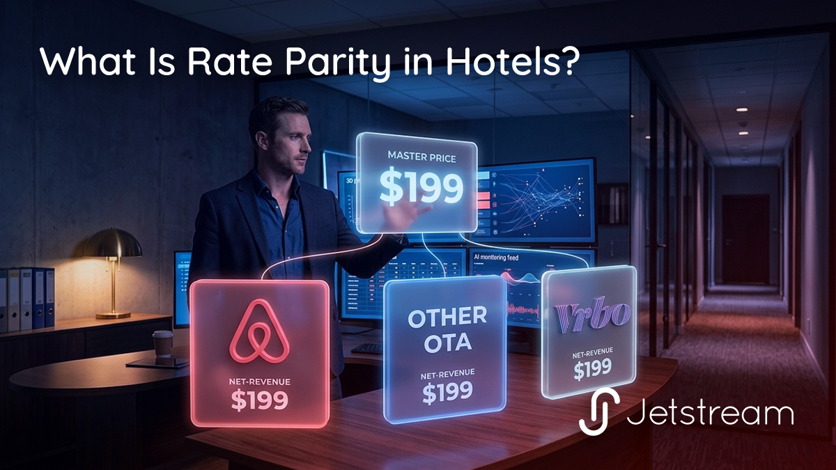 What is rate parity in hotels shown as one master rate kept consistent across STR and OTA channels from a hotel's own system