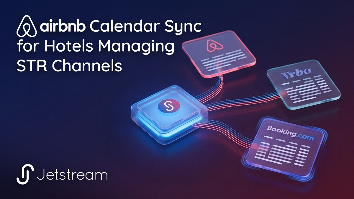 Diagram of Airbnb calendar sync where a hotel CRS feeds identical availability to Airbnb, VRBO, and Booking.com in real time