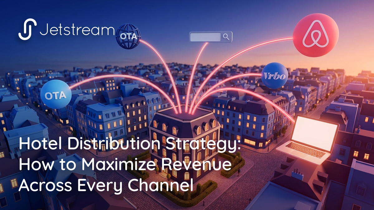 Hotel distribution strategy illustration showing a hotel at the center of multiple booking channels including Airbnb and VRBO